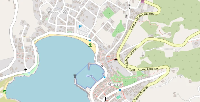 Χάρτης του Μπατσίου στην Άνδρο, με σημάδι στο Bella Vista Design Studios δίπλα στην παραλία